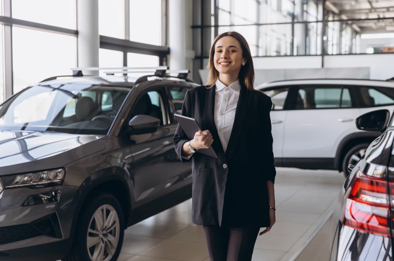 Car finance adviser holding a tablet in a showroom